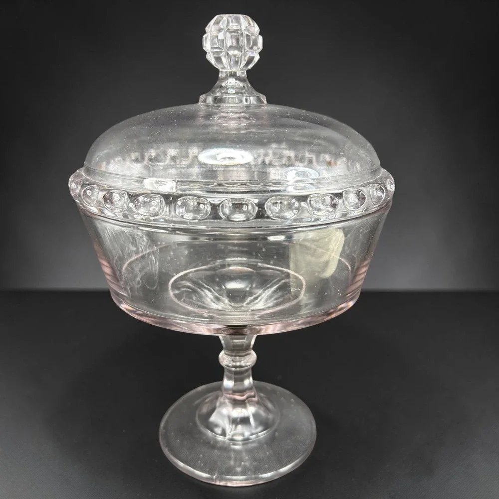 George Ripley Dakota Pattern Glass Pedestal Compote Lilac Tint Lid 11.5in Clear